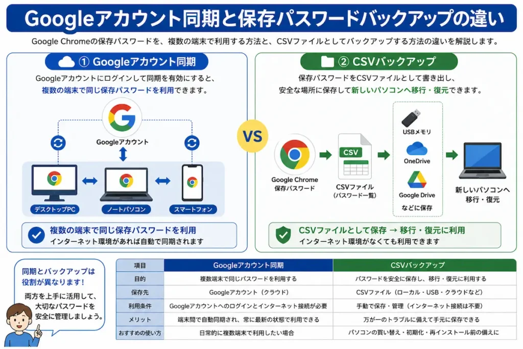 Googleアカウント同期と保存パスワードバックアップの違いを比較した図