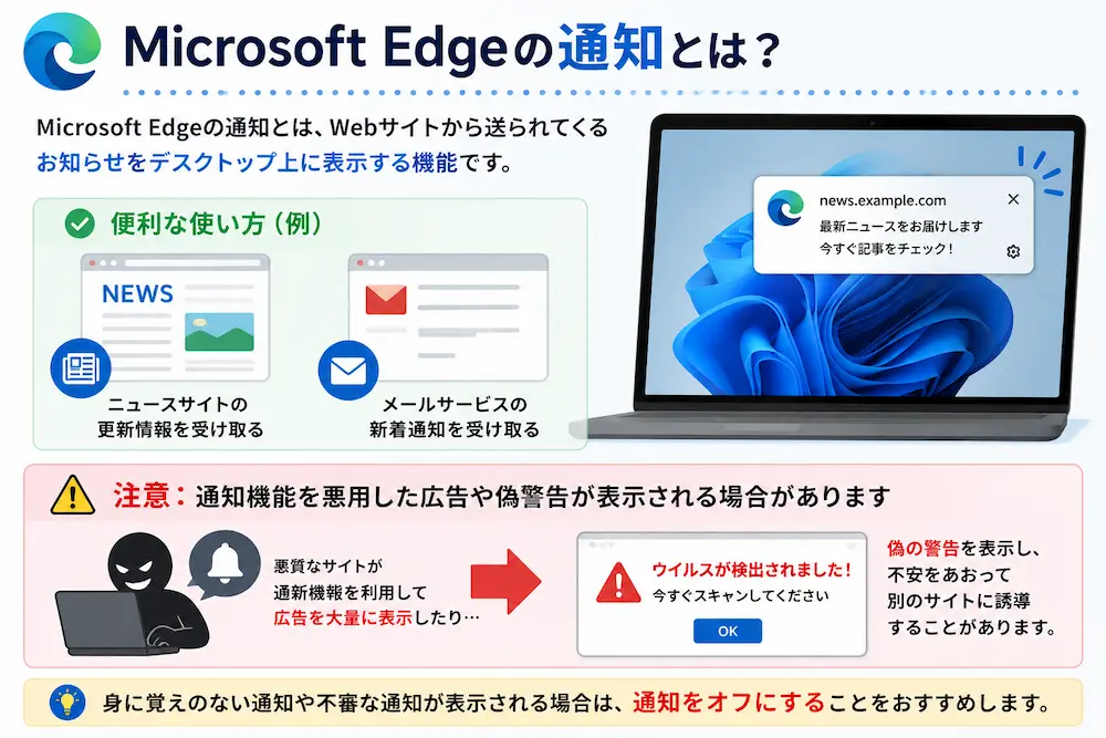 Microsoft Edgeの通知機能の仕組みと偽警告の例を説明した図解