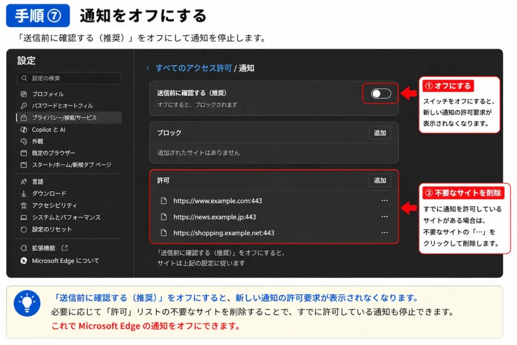 Microsoft Edgeの通知をオフにする方法