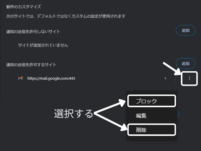 個別のサイトごとの通知の設定方法
