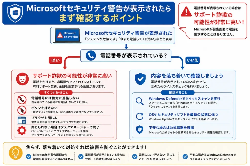 Microsoftセキュリティ警告が表示された場合の確認ポイントをまとめたフローチャート