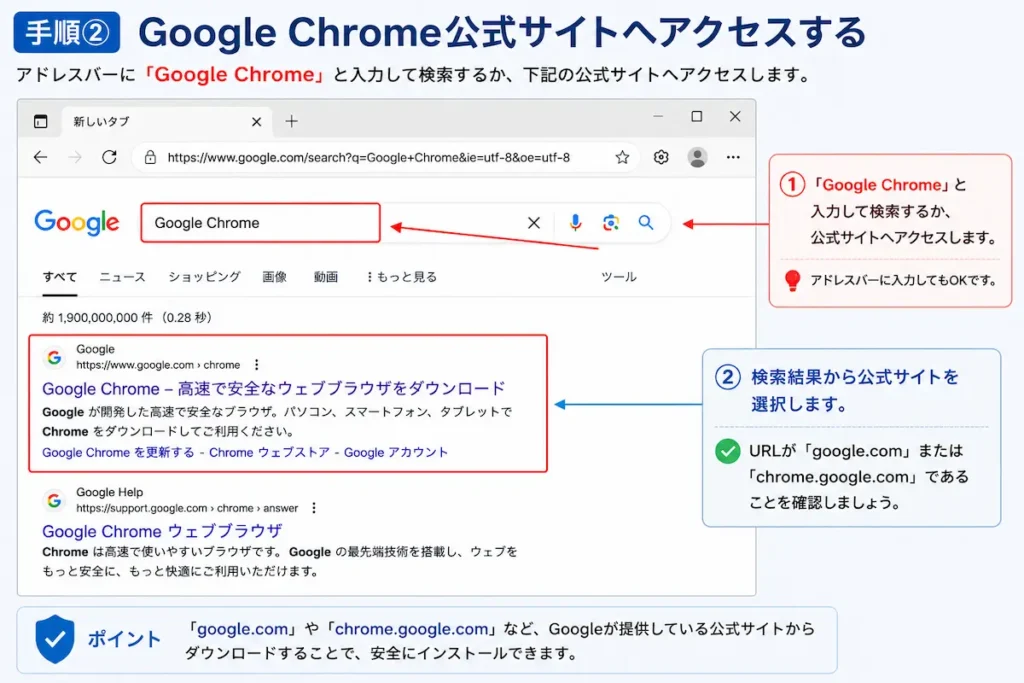 Google Chrome公式サイトへアクセスする方法
