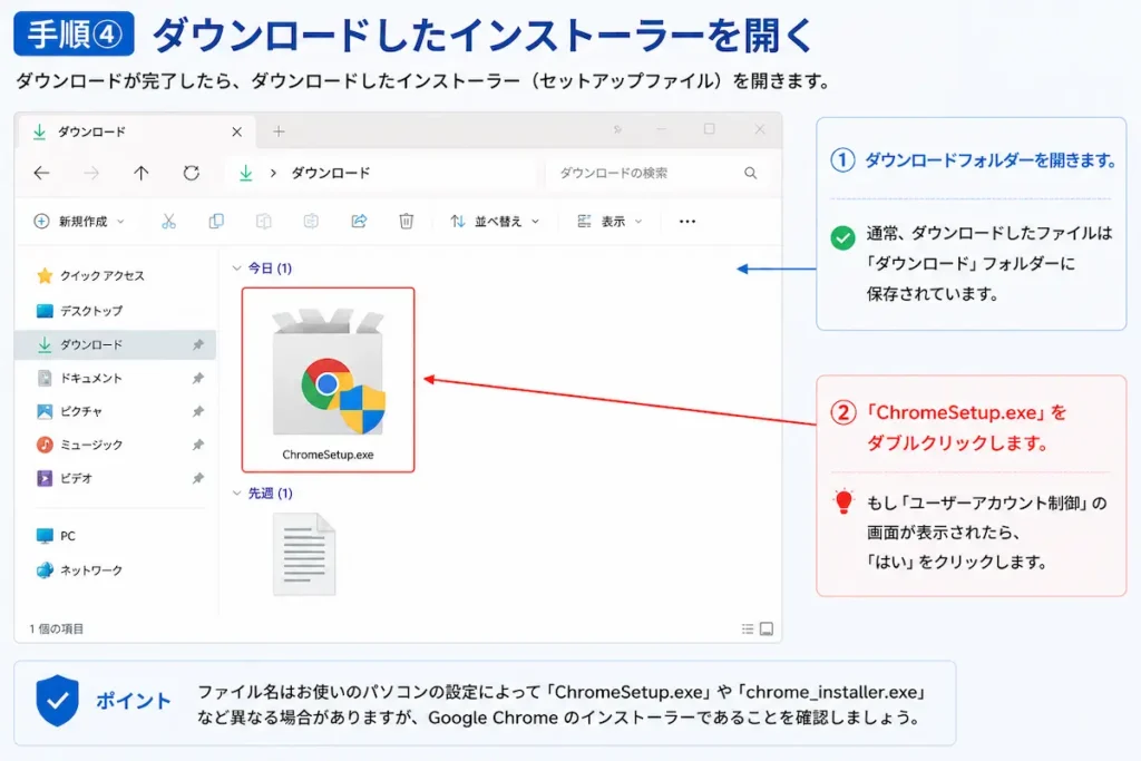 ダウンロードしたGoogle Chromeのインストーラーを開く方法