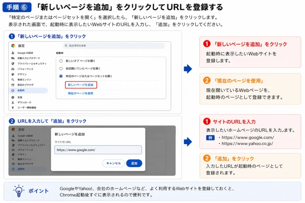 Google Chromeの起動時に開くページのURLを追加する方法