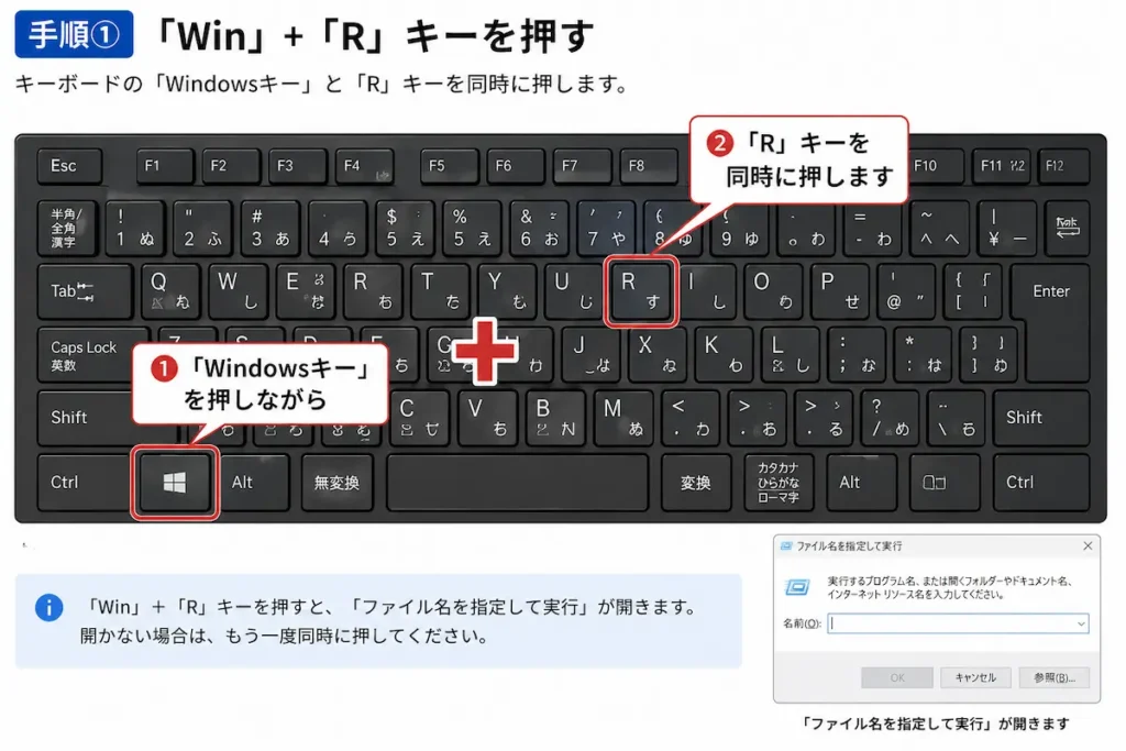 WindowsキーとRキーを押してファイル名を指定して実行を開く方法