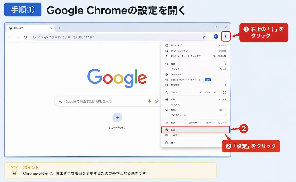 Google Chromeで右上のメニューから設定を開く画面