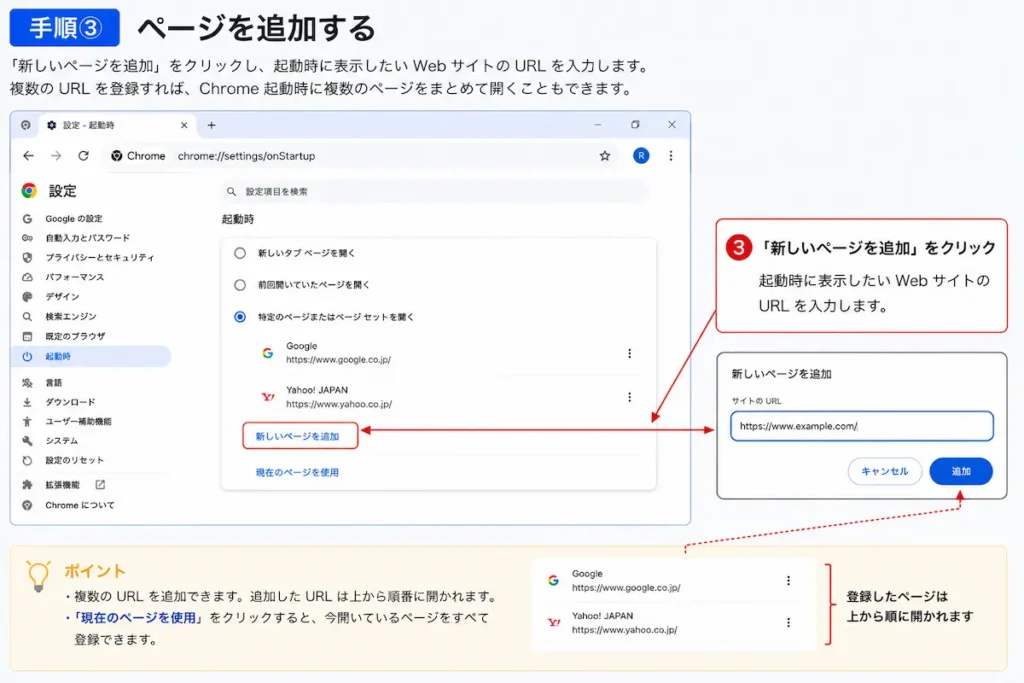 Google Chromeの起動時設定で新しいページを追加しURLを入力する画面