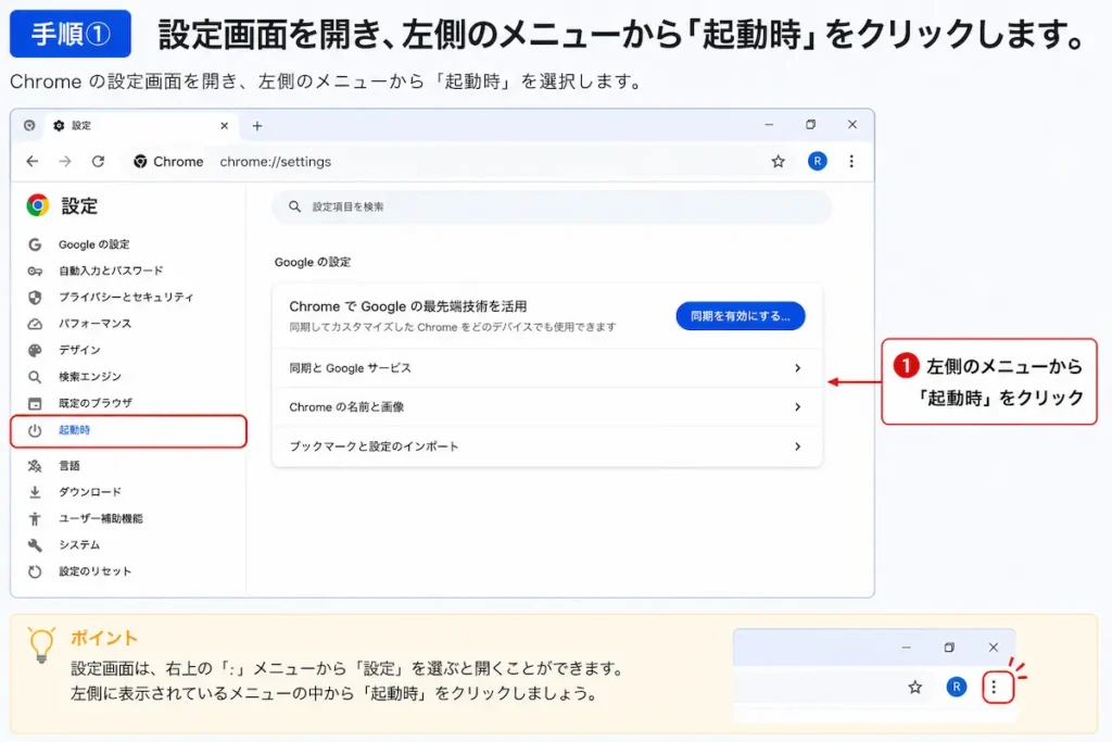 Google Chromeの起動時設定で「特定のページまたはページセットを開く」を選択する画面