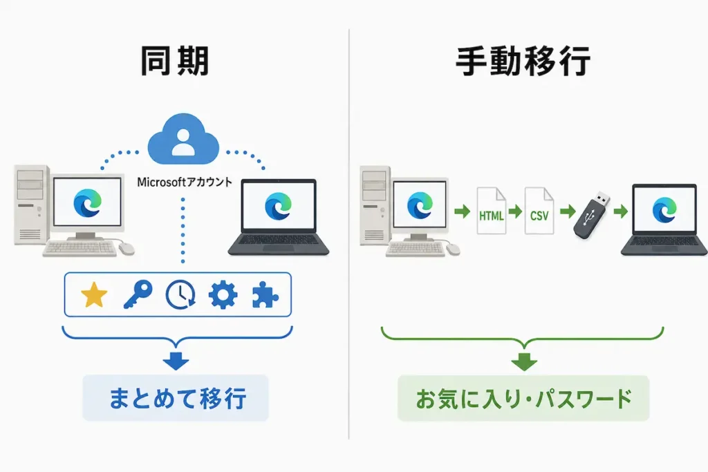 Microsoft Edgeの同期とファイルを使った手動移行の違いを比較した画像