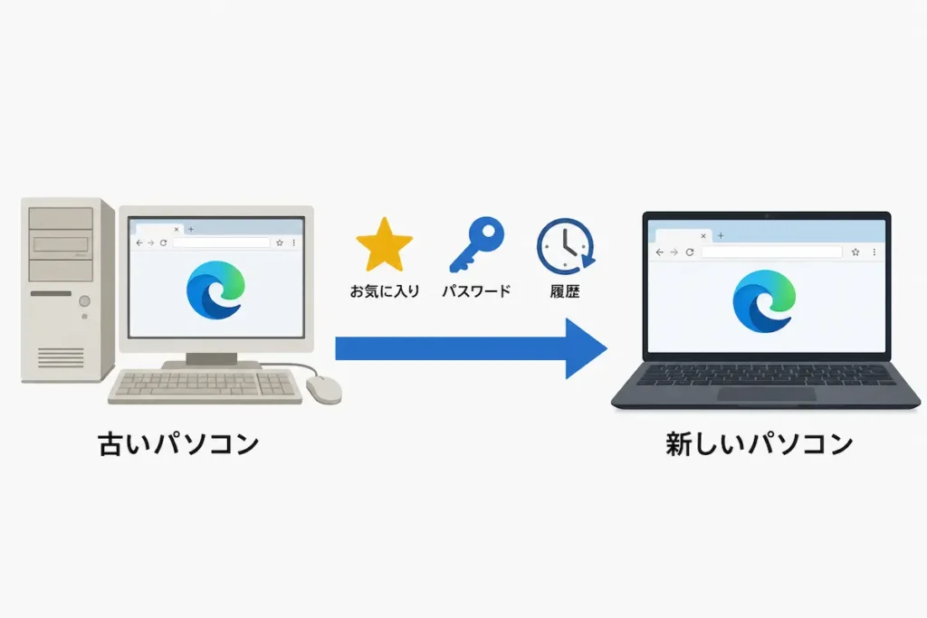 Microsoft Edgeのデータを古いパソコンから新しいパソコンへ移行するイメージ