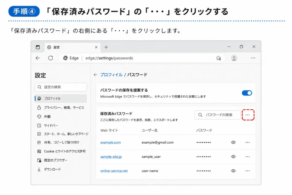 Microsoft Edgeの保存済みパスワードのメニューを開く方法