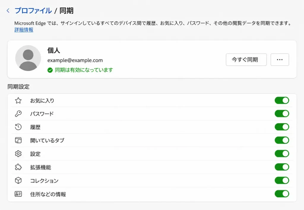 Microsoft Edgeで同期する項目を確認する方法