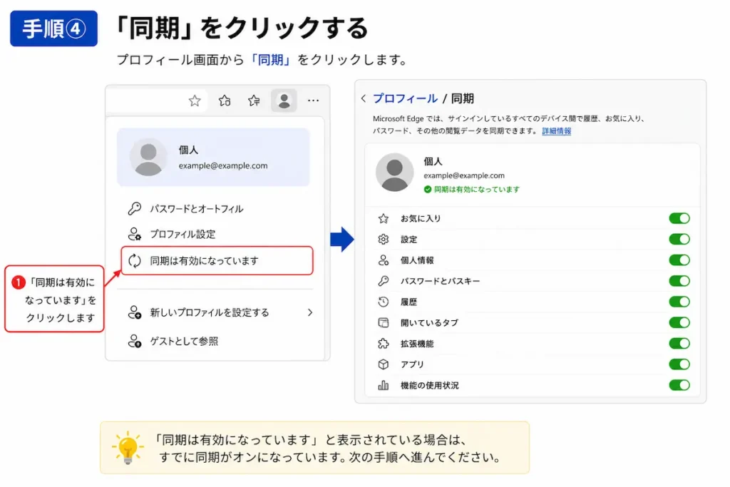 Microsoft Edgeの同期設定を開く方法