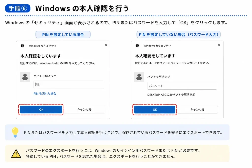Microsoft EdgeでパスワードをエクスポートするためにWindowsの本人確認を行う方法