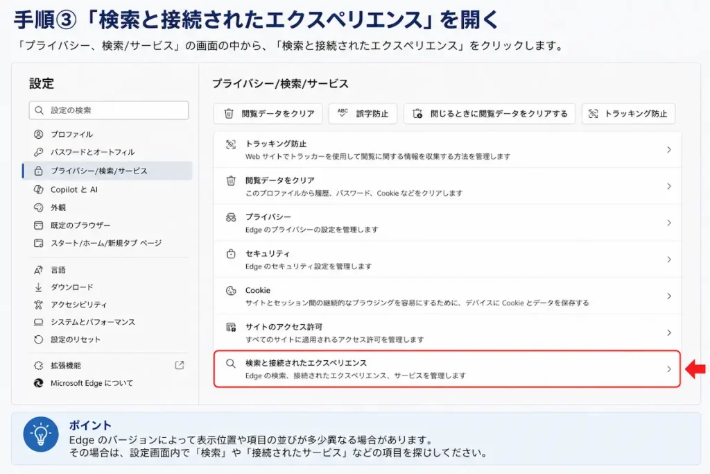 Microsoft Edgeで「検索と接続されたエクスペリエンス」を開く方法