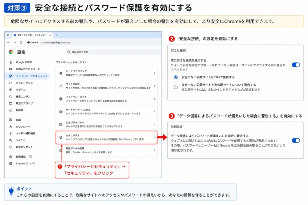 Google Chromeの安全な接続とパスワード漏えい警告を有効にする方法