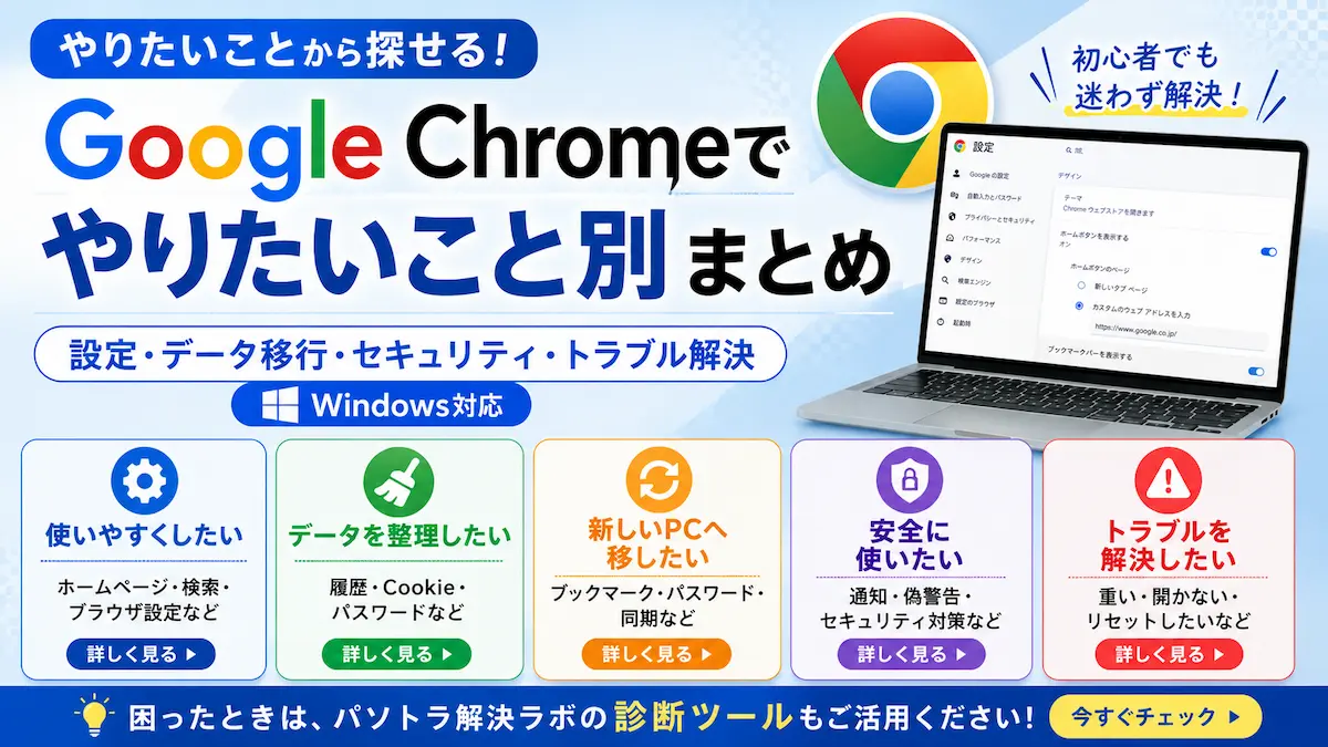 Google Chromeでやりたいこと別に設定やデータ移行、セキュリティ、トラブル解決方法をまとめた案内