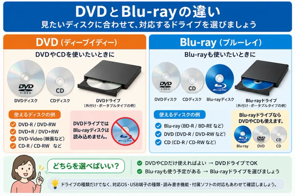 DVDとBlu-rayの違いと対応する外付けドライブを比較した画像