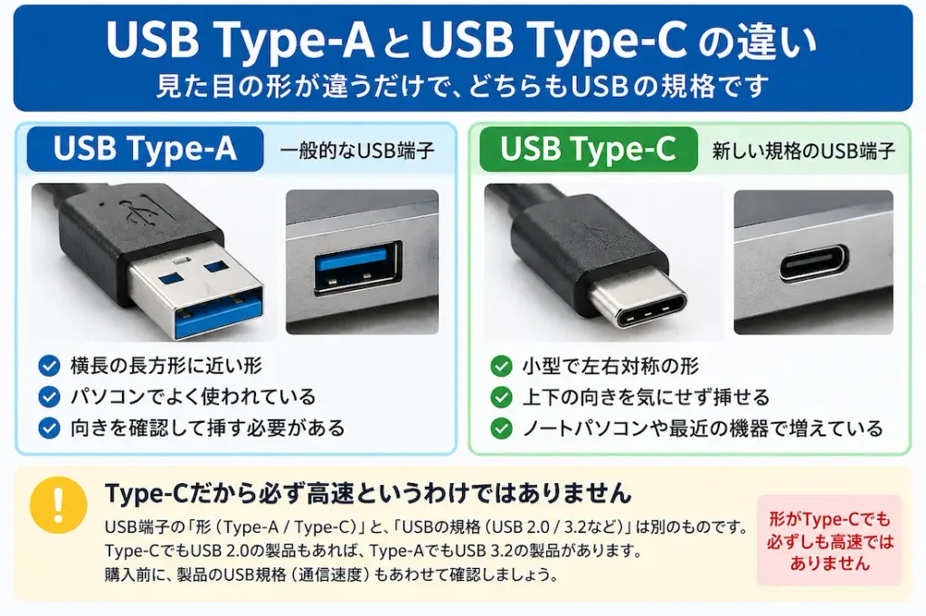 USB Type-AとUSB Type-Cの端子形状と特徴を比較した画像