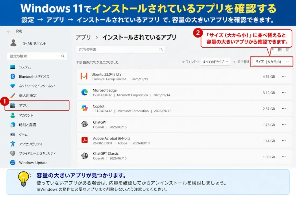 Windows 11でインストールされているアプリをサイズの大きい順に確認する画面
