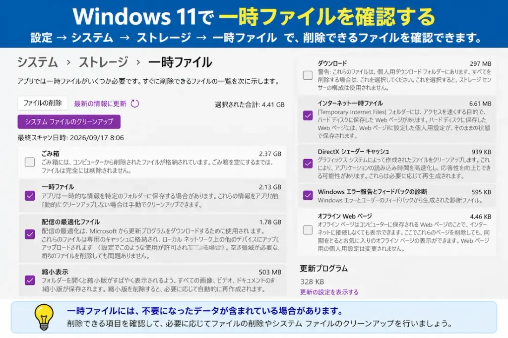 Windows 11の一時ファイルを確認する画面