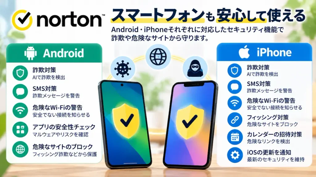 ノートンのAndroid版とiPhone版のスマートフォン向けセキュリティ機能の比較